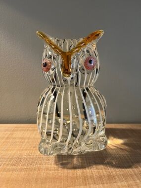 Hand Blown Art Glass Owl Figurine Clear w/ Amber & Pink Eyes Retro Decor